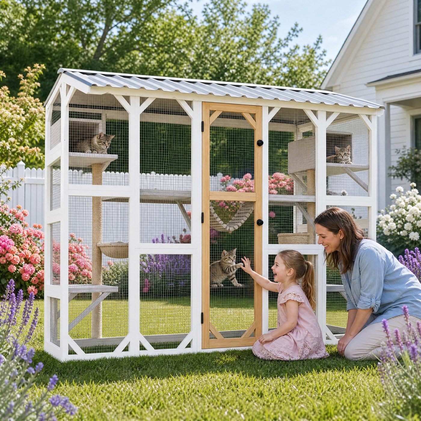 A mother and daughter beside the FERNSTEAD Catio CW01 as a cat reaches through the mesh