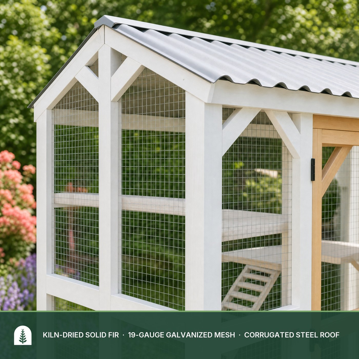 Close-up of the solid fir joinery, galvanized mesh and corrugated steel roof edge