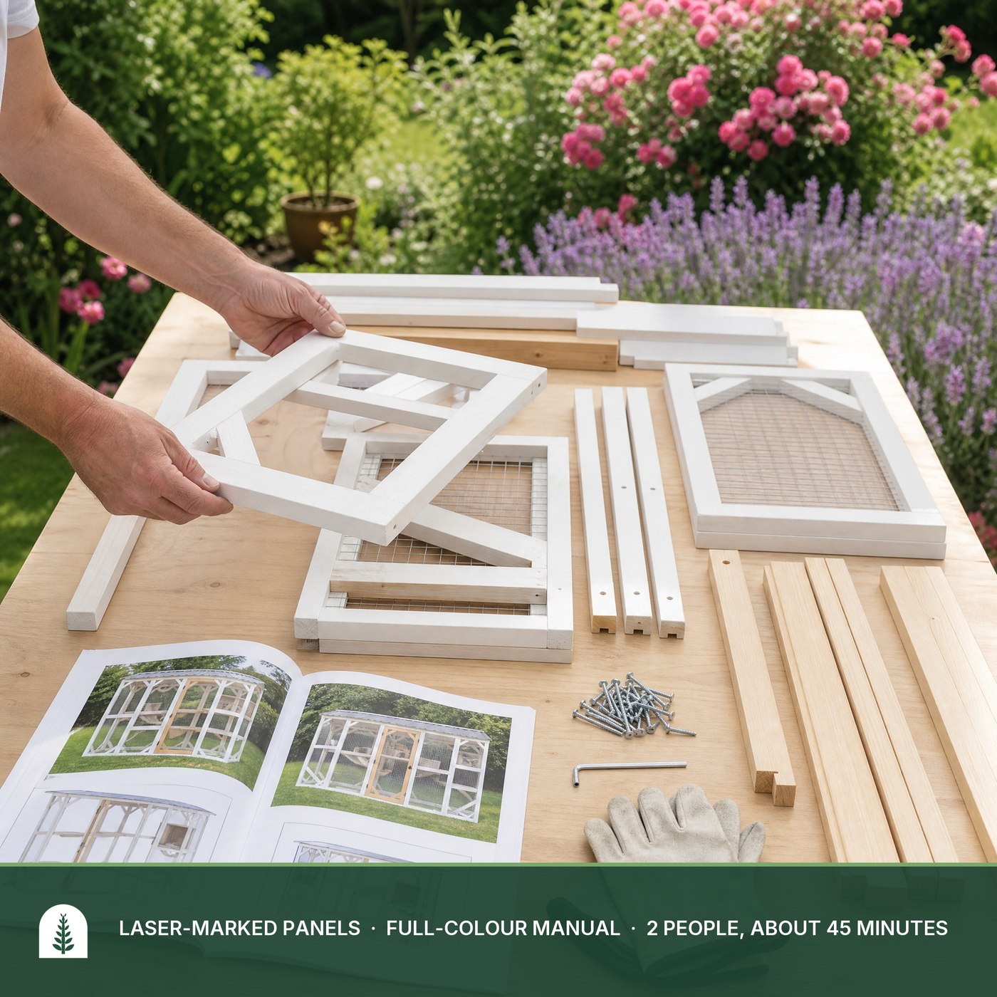 Laser-marked panels, screws, hex key and the full-colour assembly manual laid out