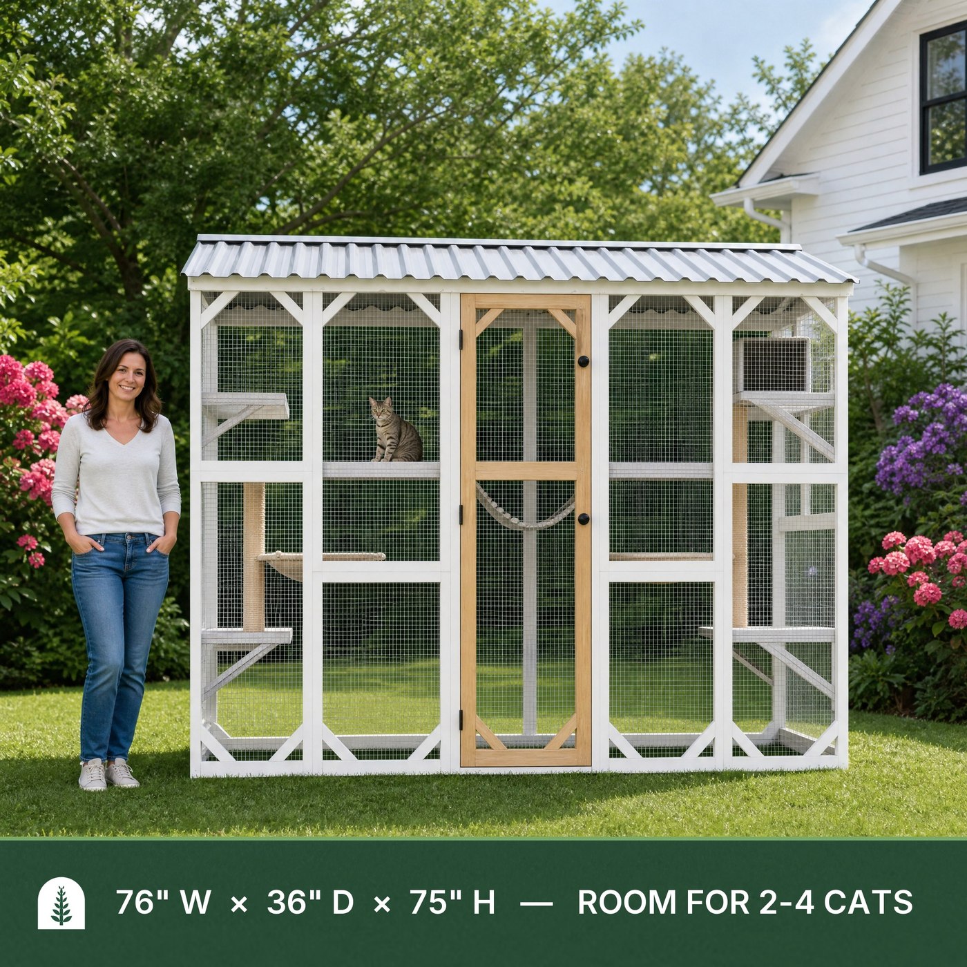 The Catio CW01 shown next to an adult for scale, 76 by 36 by 75 inches