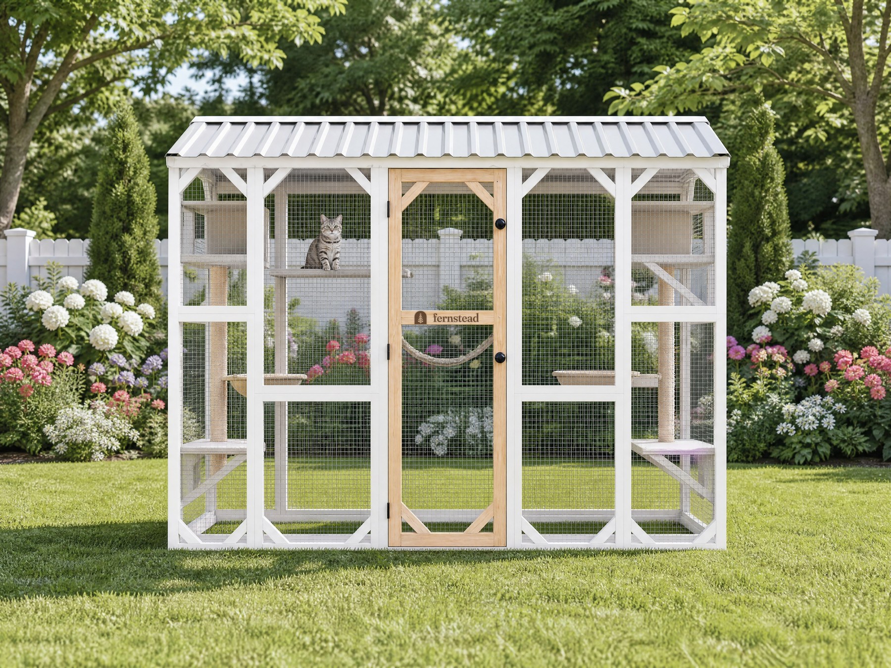 FERNSTEAD Catio CW01 with the Fernstead mark laser-engraved into the centre of the door rail, shown complete in a garden