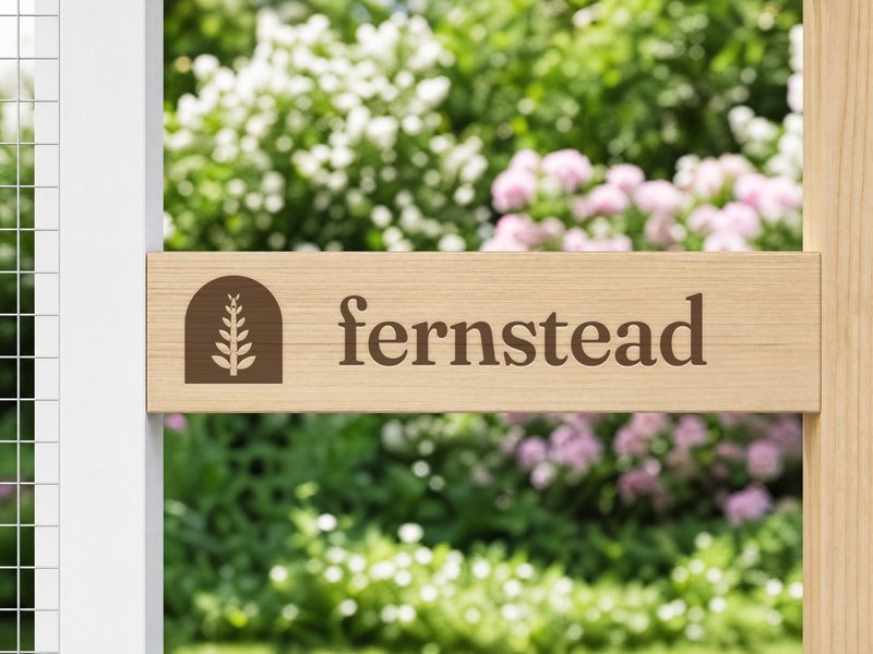 Close-up of the FERNSTEAD mark laser-engraved into the pale fir door frame of the Catio CW01
