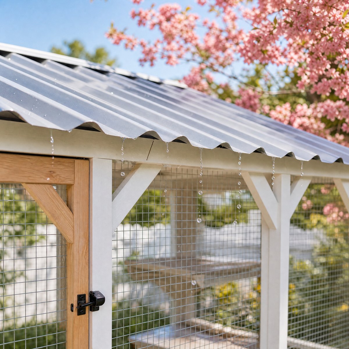 Close-up of the pitched corrugated metal roof edge with its overhang