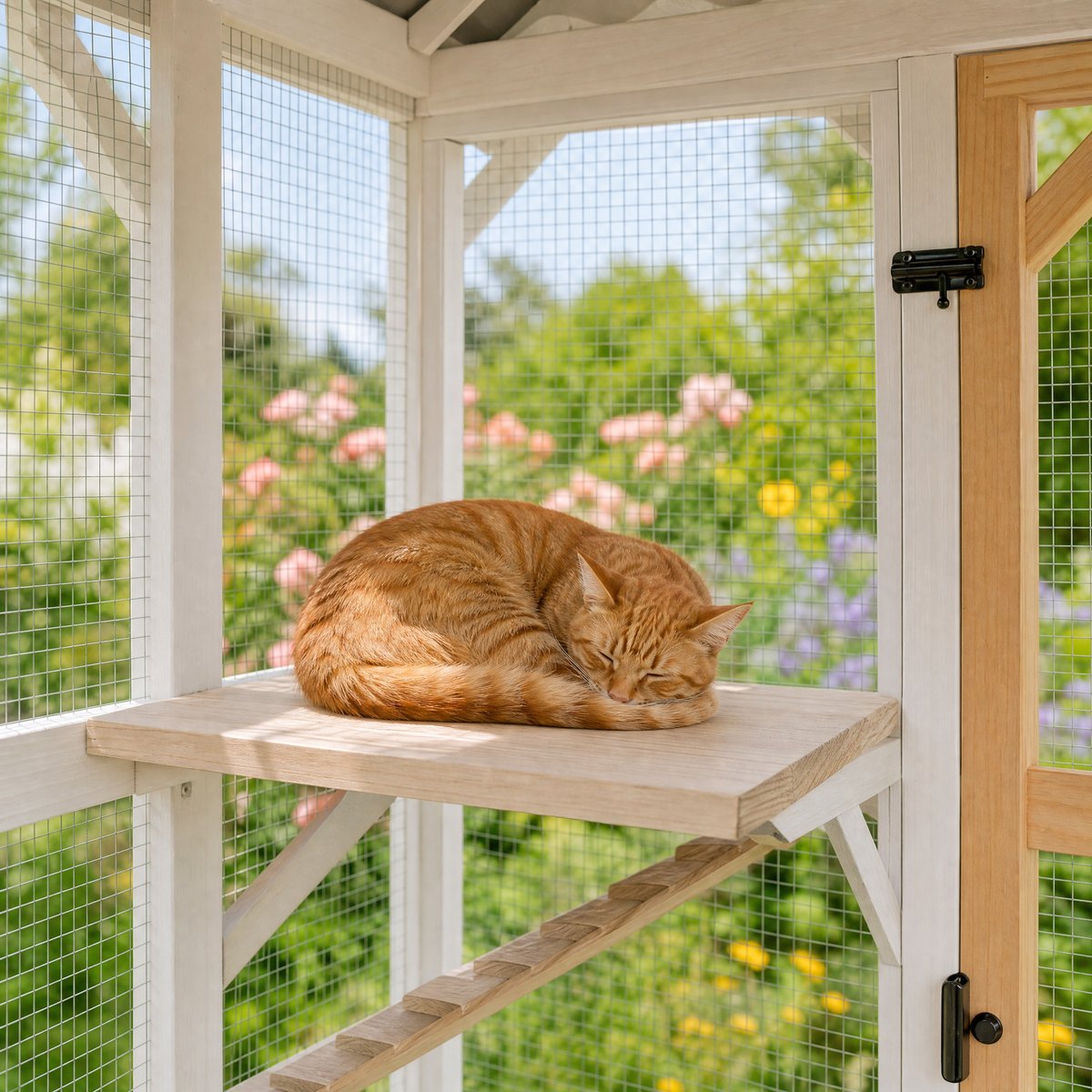 A ginger cat asleep on a natural wood platform inside the catio