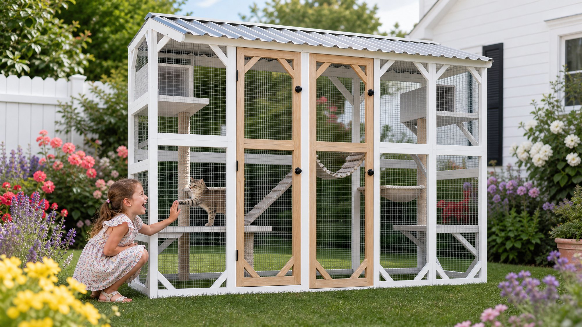 A laughing little girl touching the mesh as a cat reaches a paw toward her