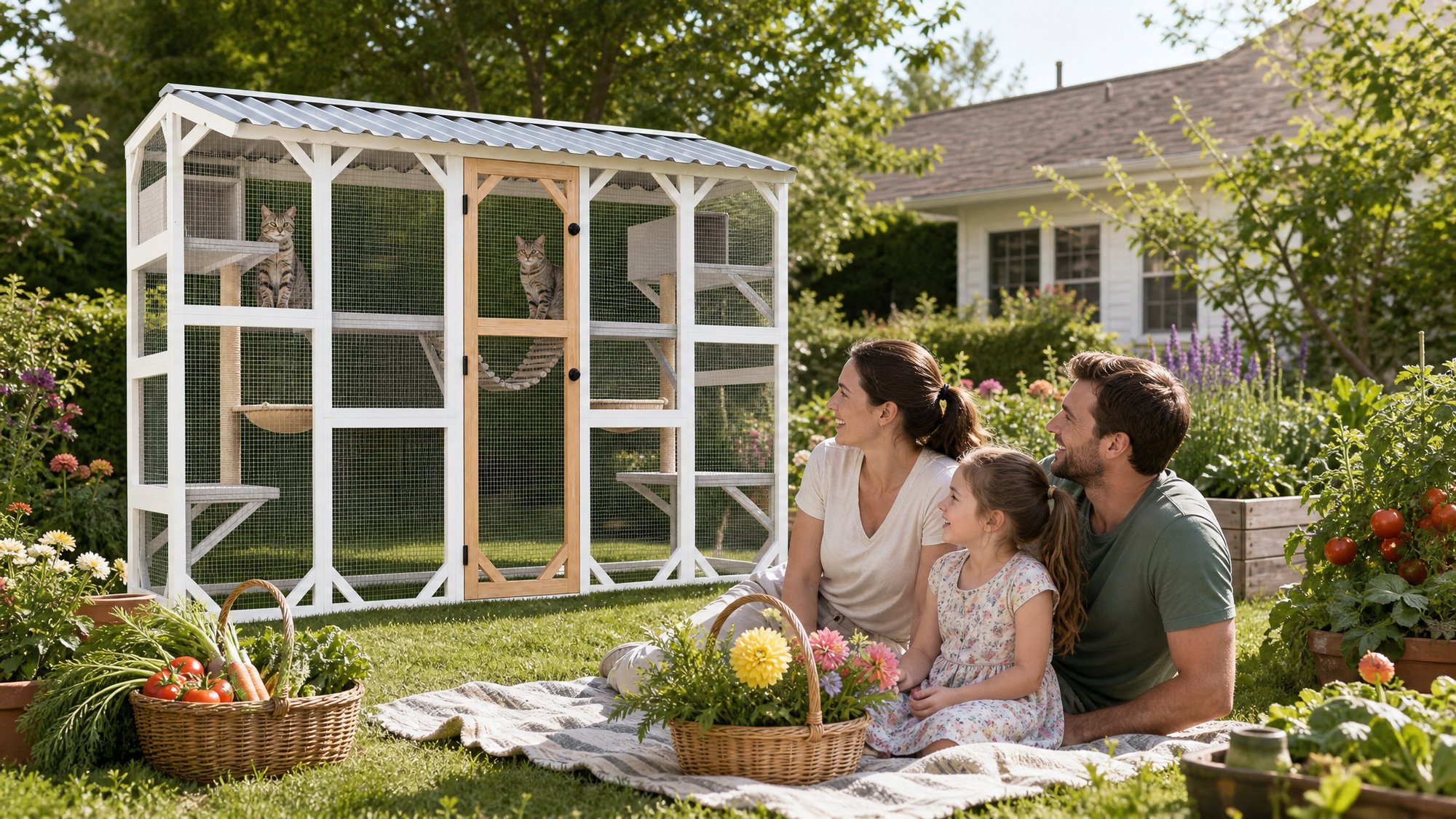 A family on a picnic blanket beside the catio, cats watching from the platforms