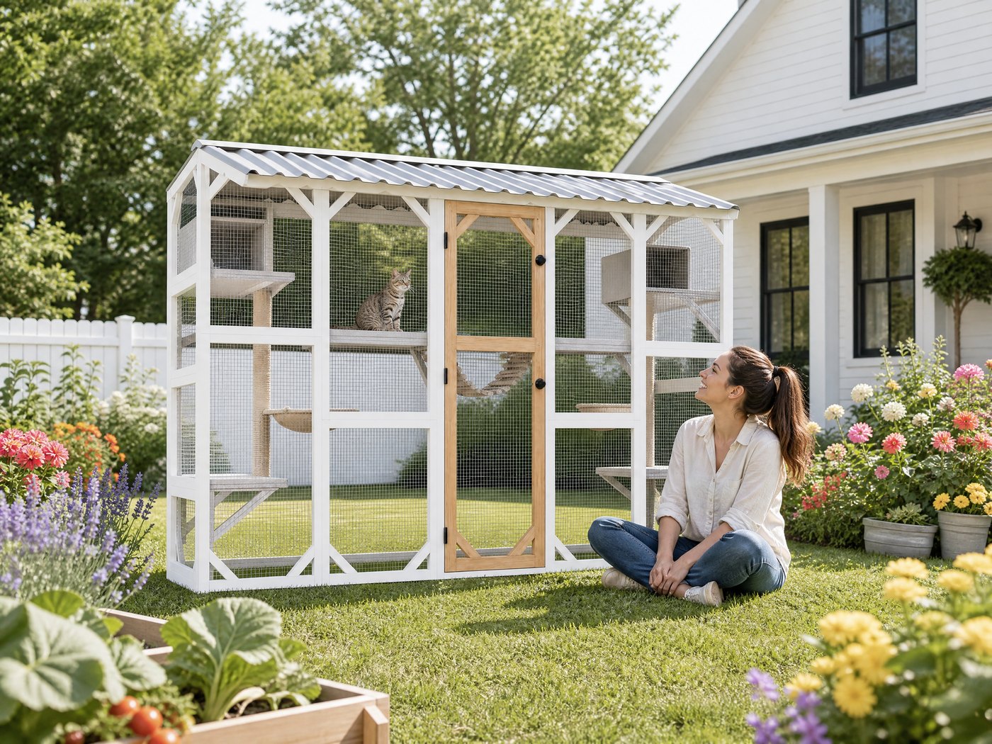A family enjoying the FERNSTEAD Catio CW01 in a blooming backyard garden