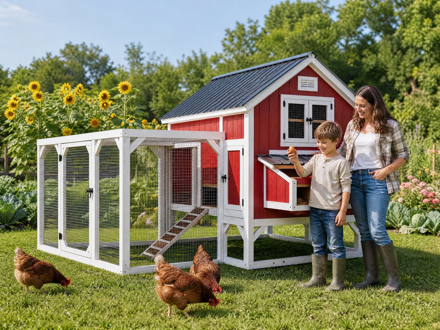 A family enjoying the FERNSTEAD Coop RB02 in a blooming backyard garden