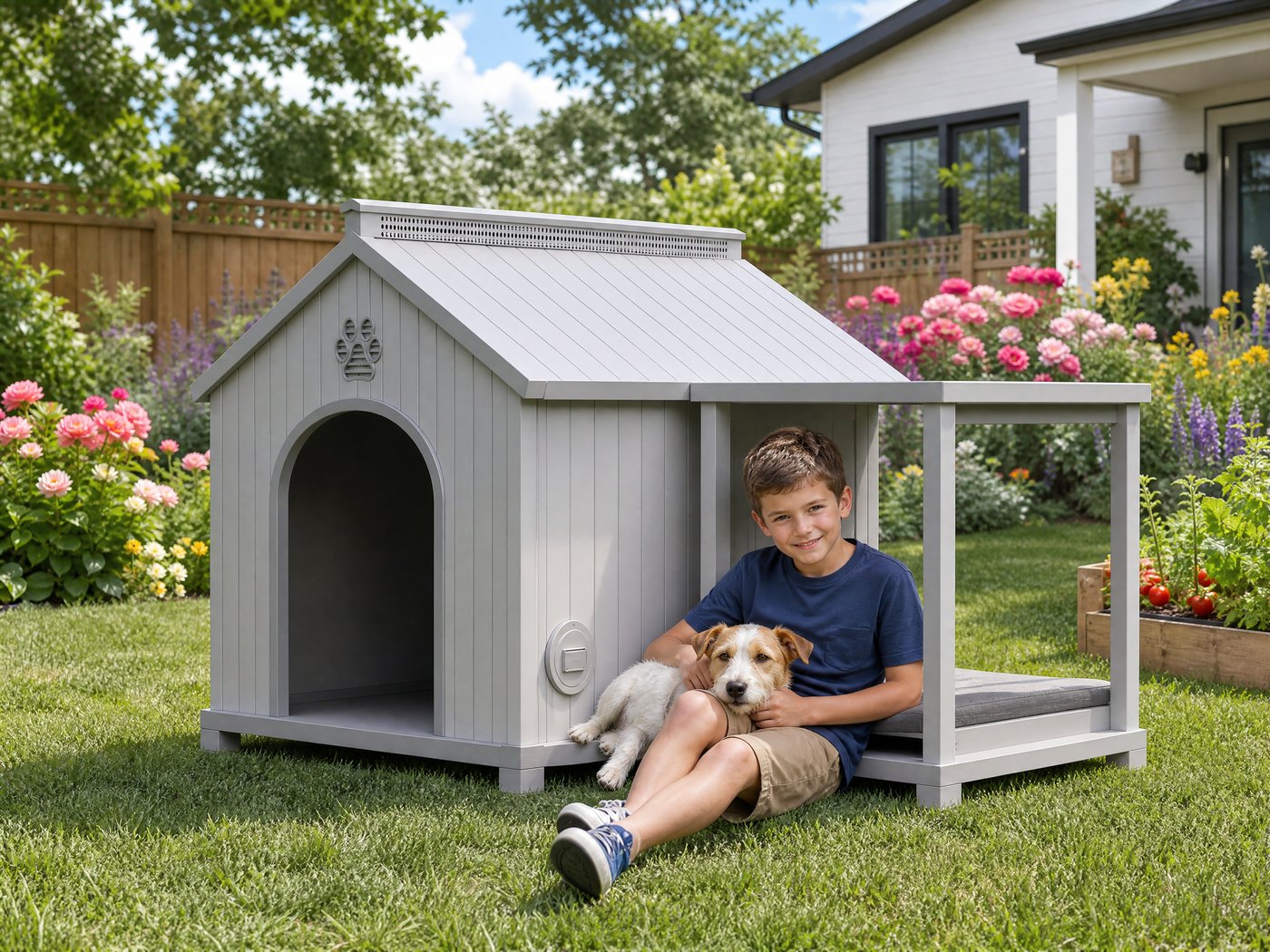 A family enjoying the FERNSTEAD Den DH05 in a blooming backyard garden