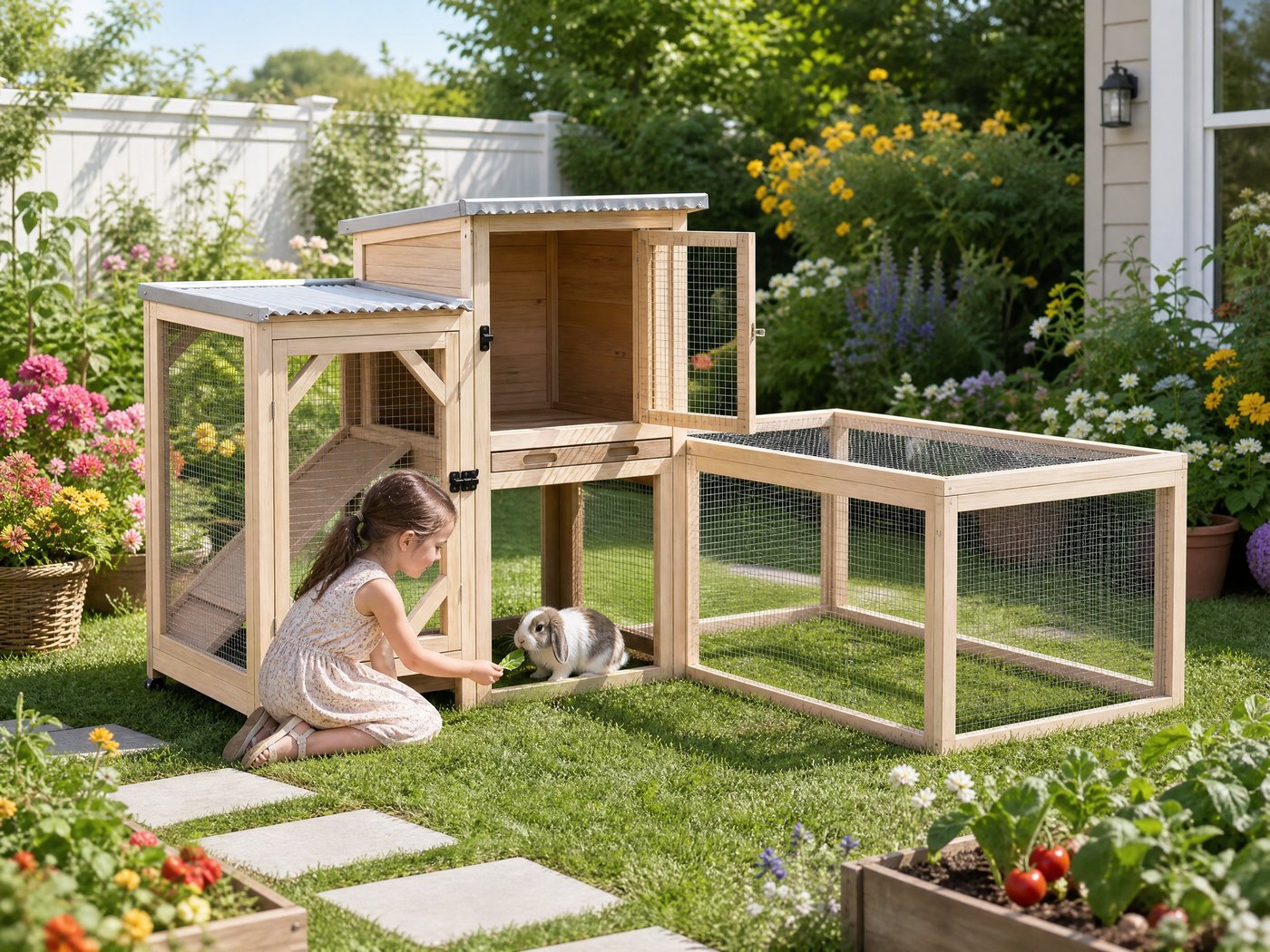 A family enjoying the FERNSTEAD Hutch LW03 in a blooming backyard garden