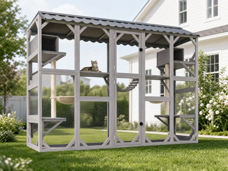 FERNSTEAD Catio CW01 walk-in outdoor cat enclosure in Modern Grey, shown in a backyard