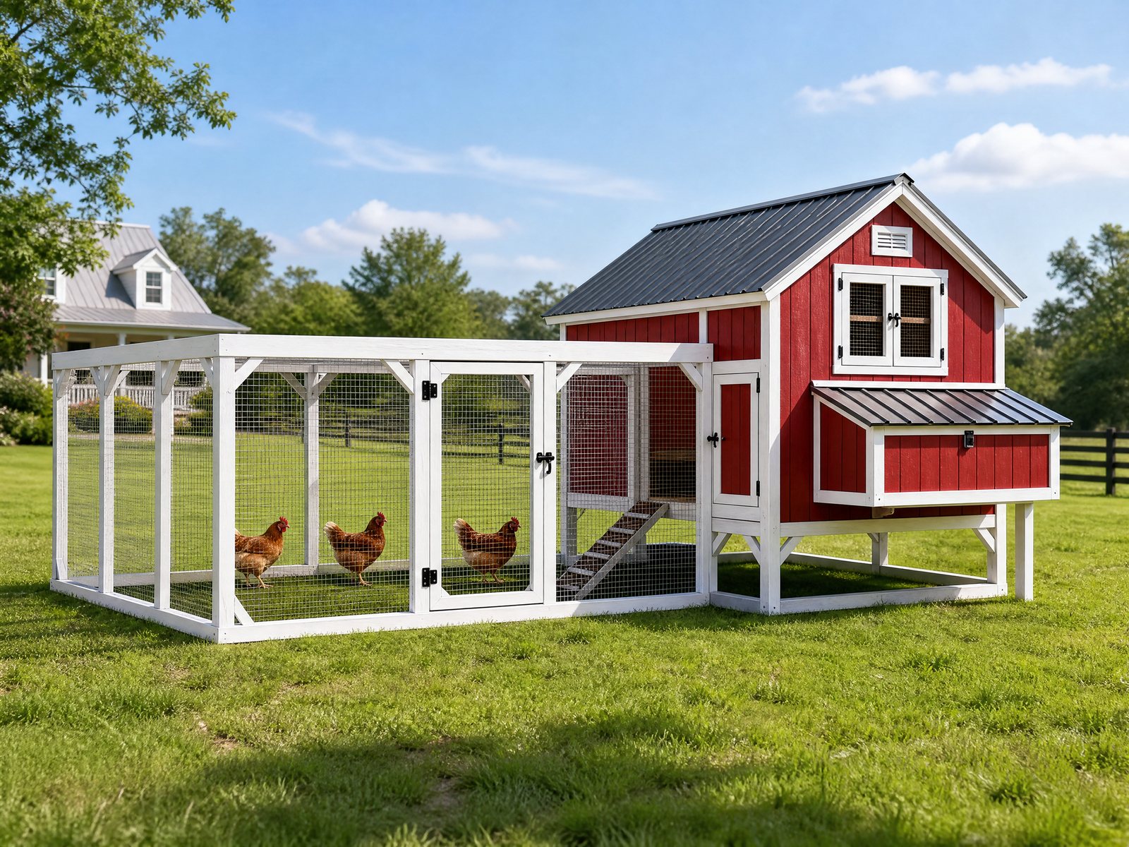 FERNSTEAD Coop RB02 walk-in chicken coop in Barn Red with attached run