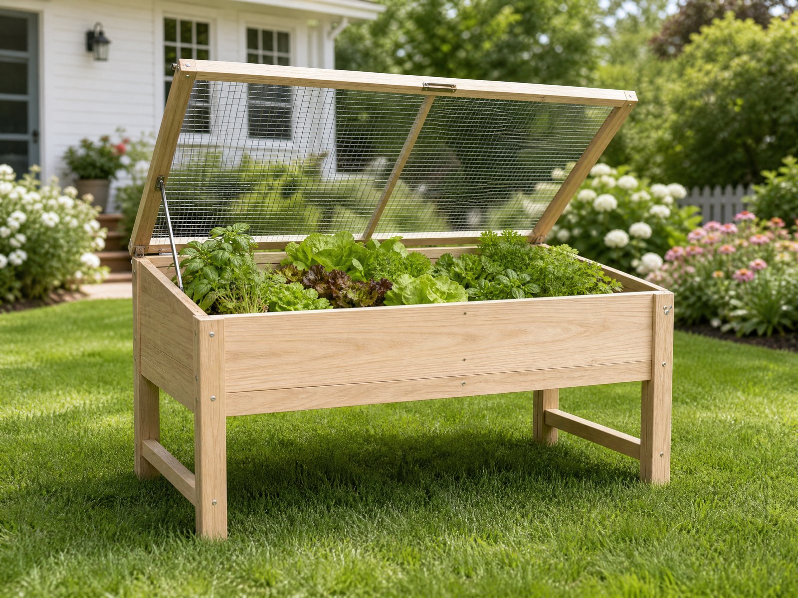 FERNSTEAD Grow GB04 4x4 raised garden bed with hinged mesh canopy