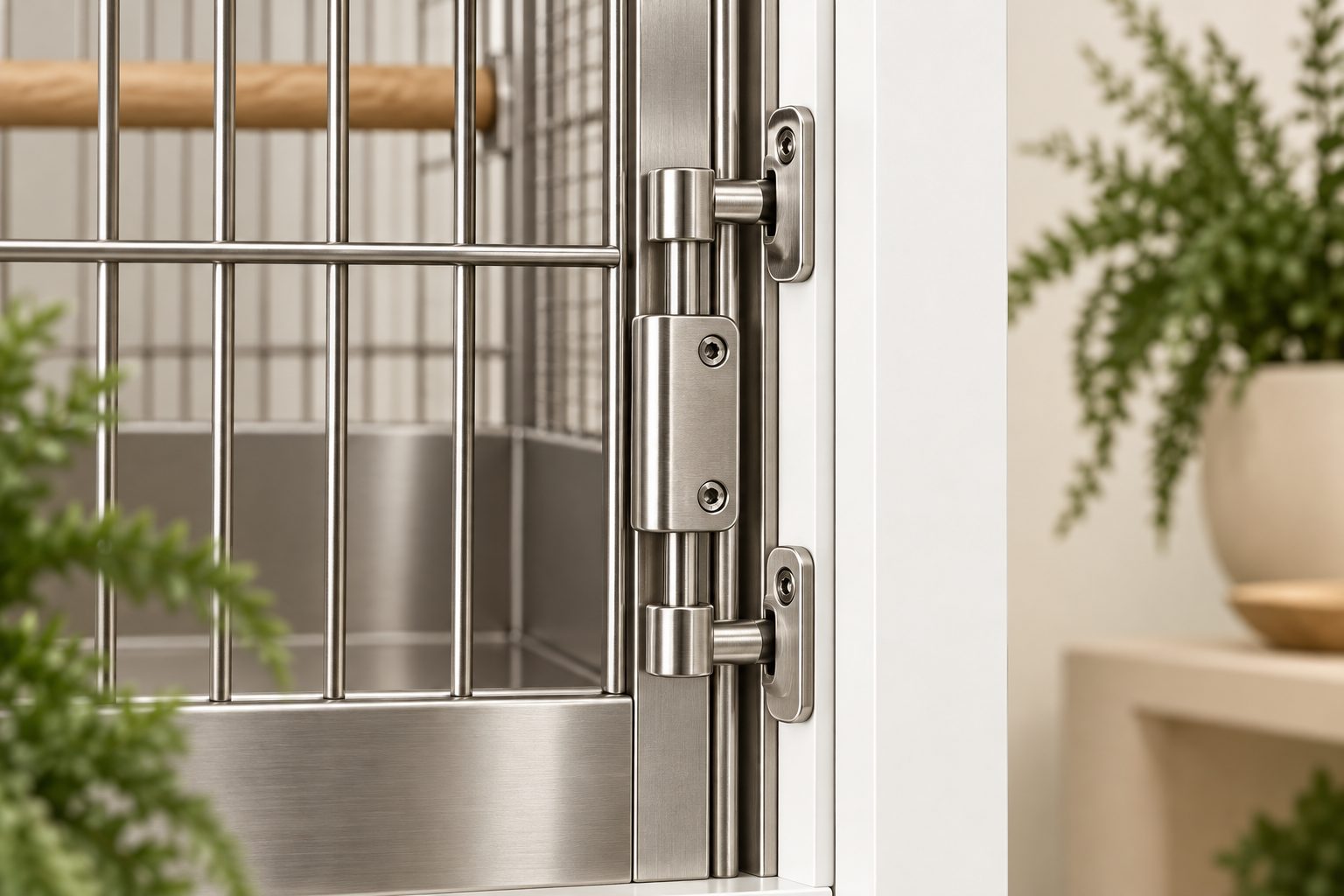 Close-up of stainless door hinges and frame on an AV06 style study