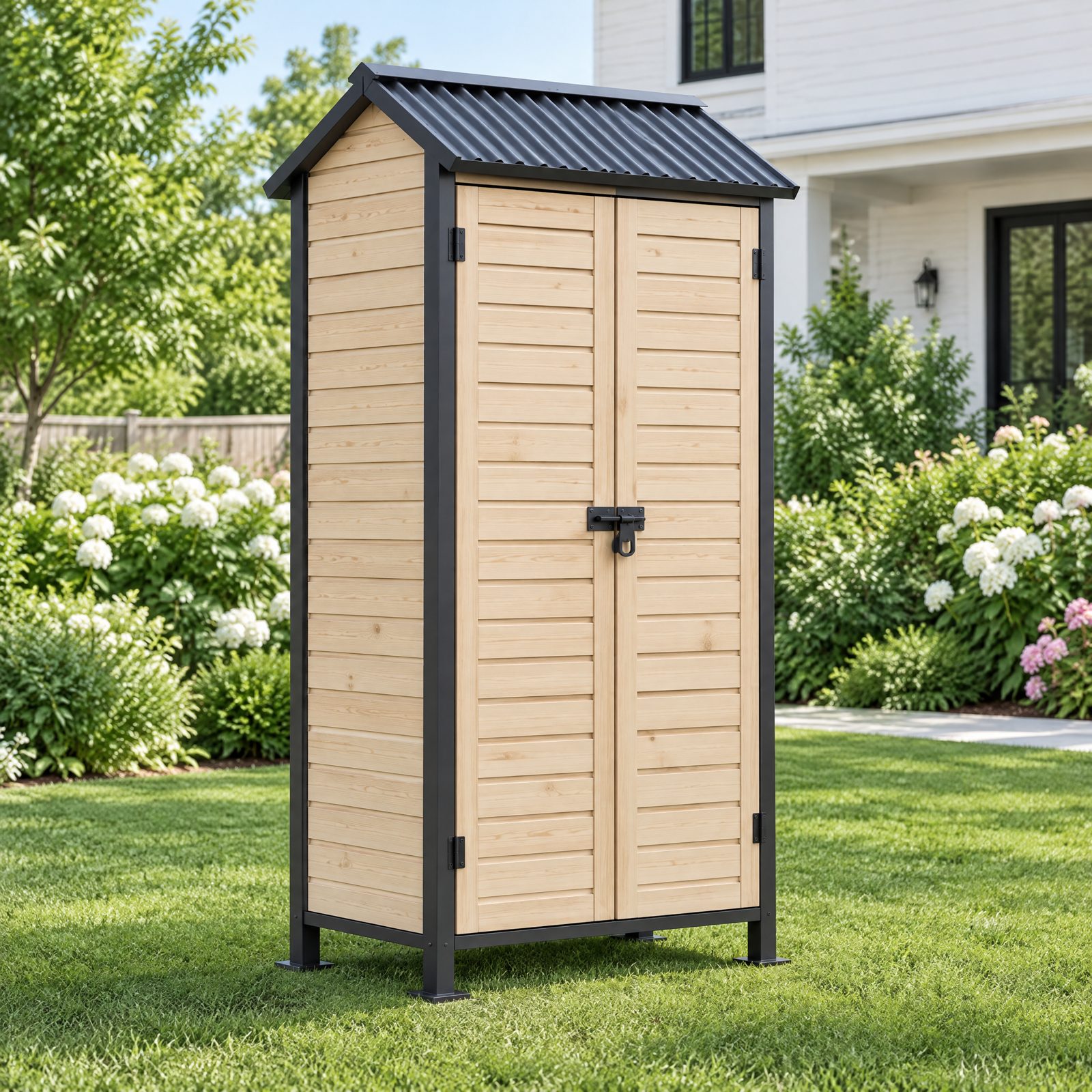 Fernstead Tool Chest TC07 garden tool cabinet, natural fir and black steel, front view